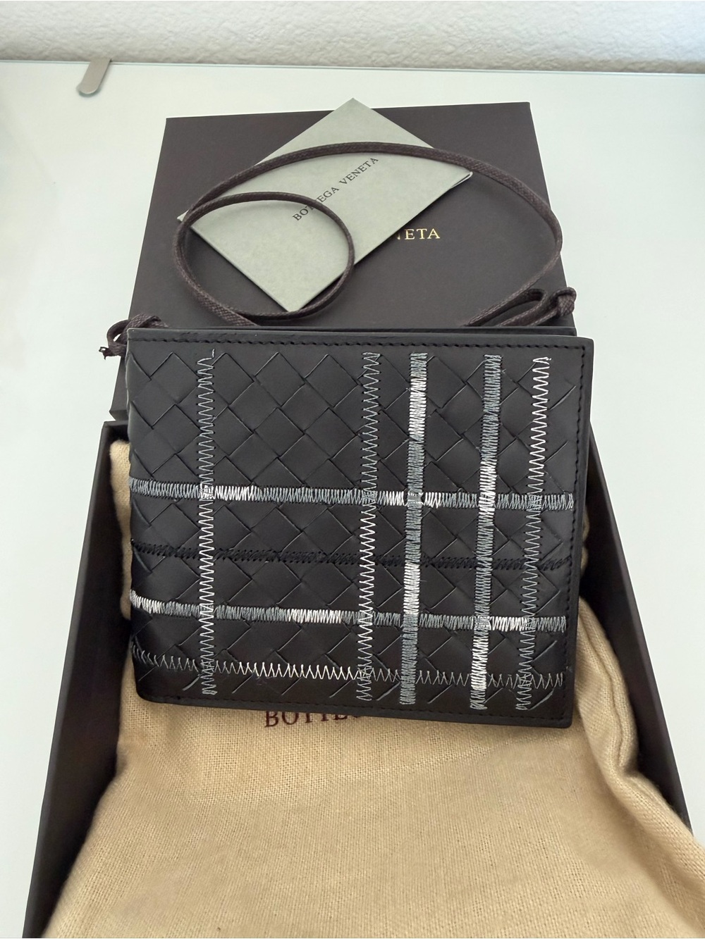 Bottega Veneta Woven bi-fold wallet with Silver Plaid Stitching brand new